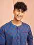 Men's Royal Blue Cotton Kurta Short Sleeve Band Collar Print